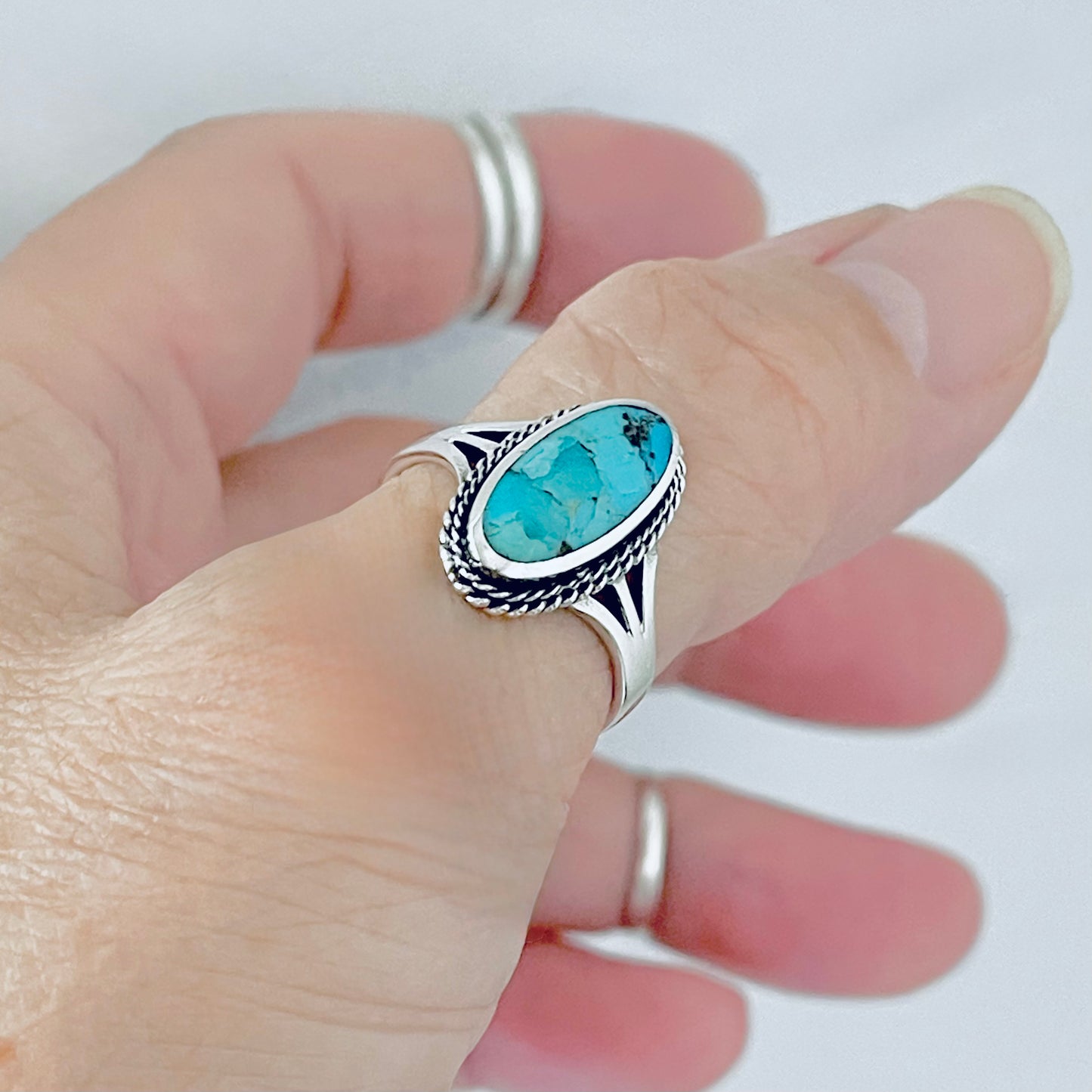 Sterling Silver Medium Oval Genuine Turquoise Ring with Braid Detail, Statement Stone Jewelry