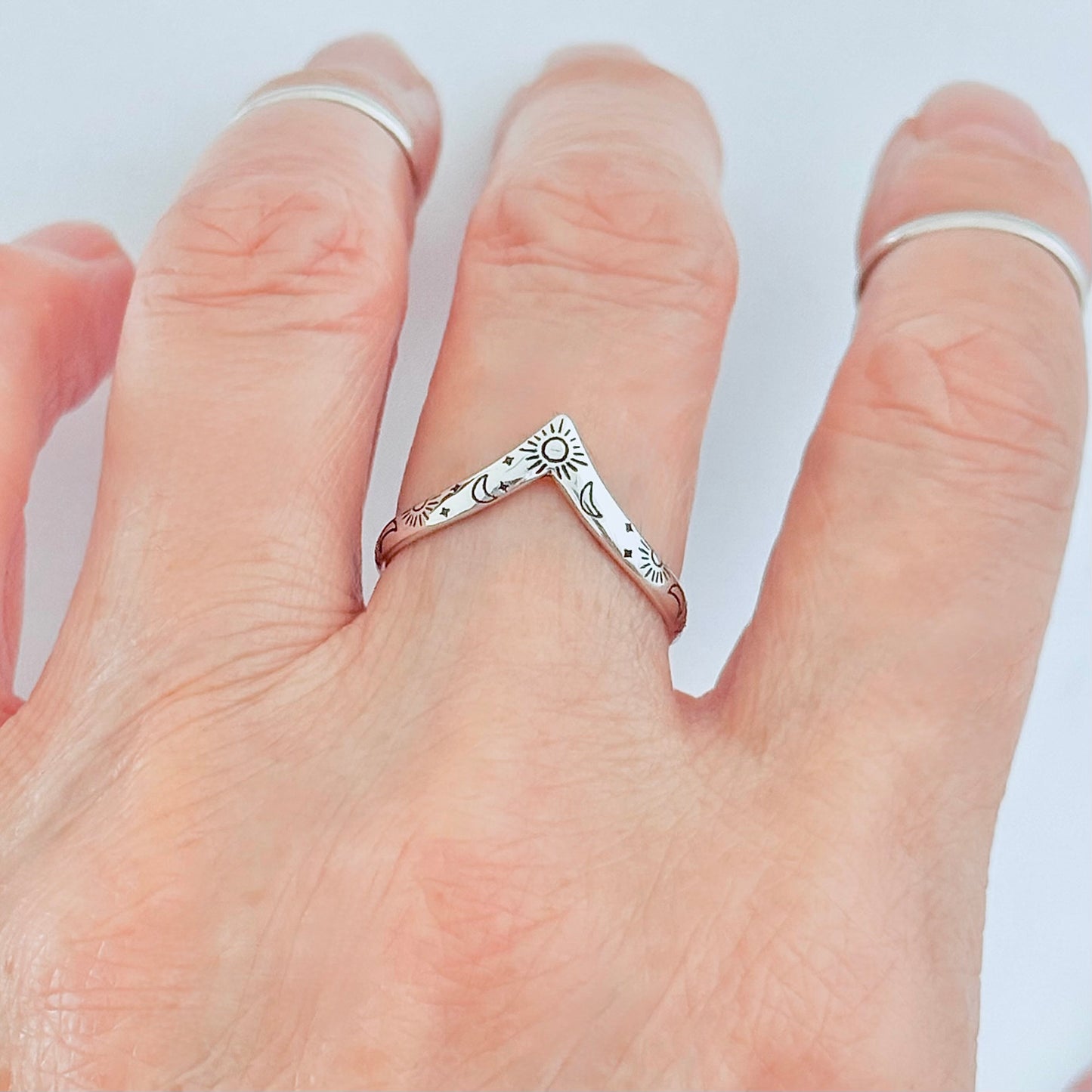 Sterling Silver Dainty Celestial V Shape Ring: Moon/Sun/Star Jewelry