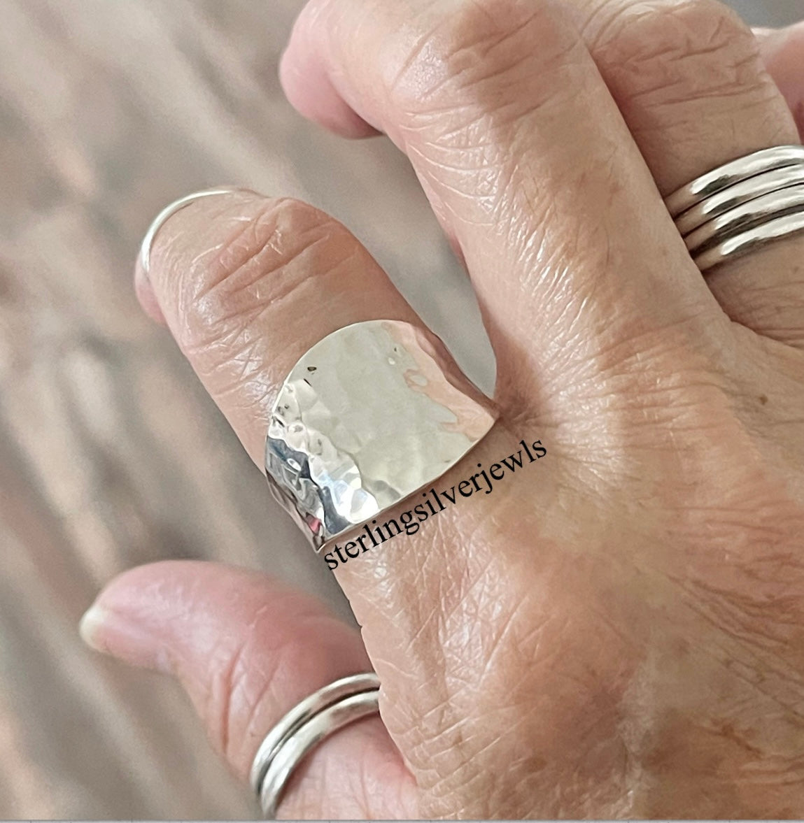 Sterling Silver Hammered Concave Ring, Boho Statement Silver Ring