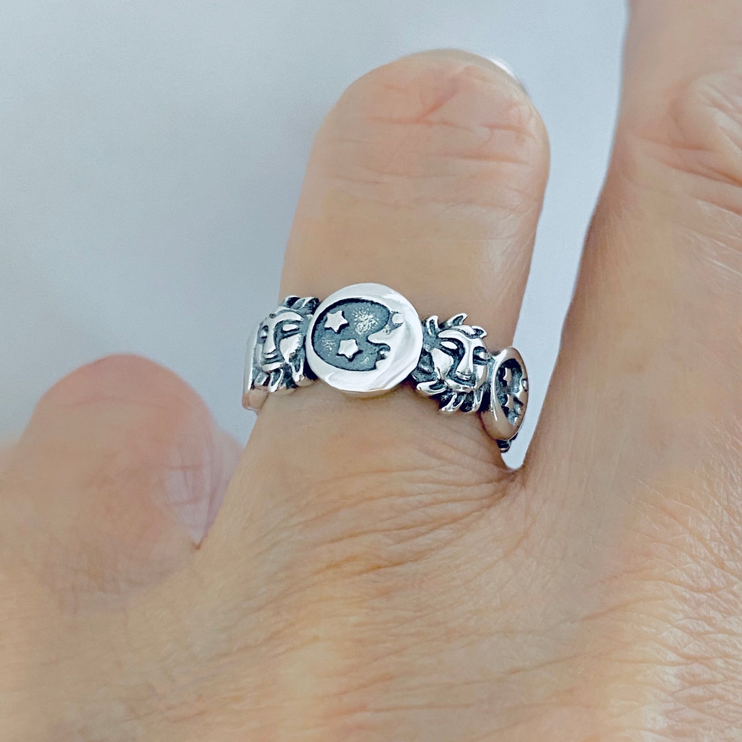 Sterling Silver Celestial Ring: Moon, Sun and Star Jewelry
