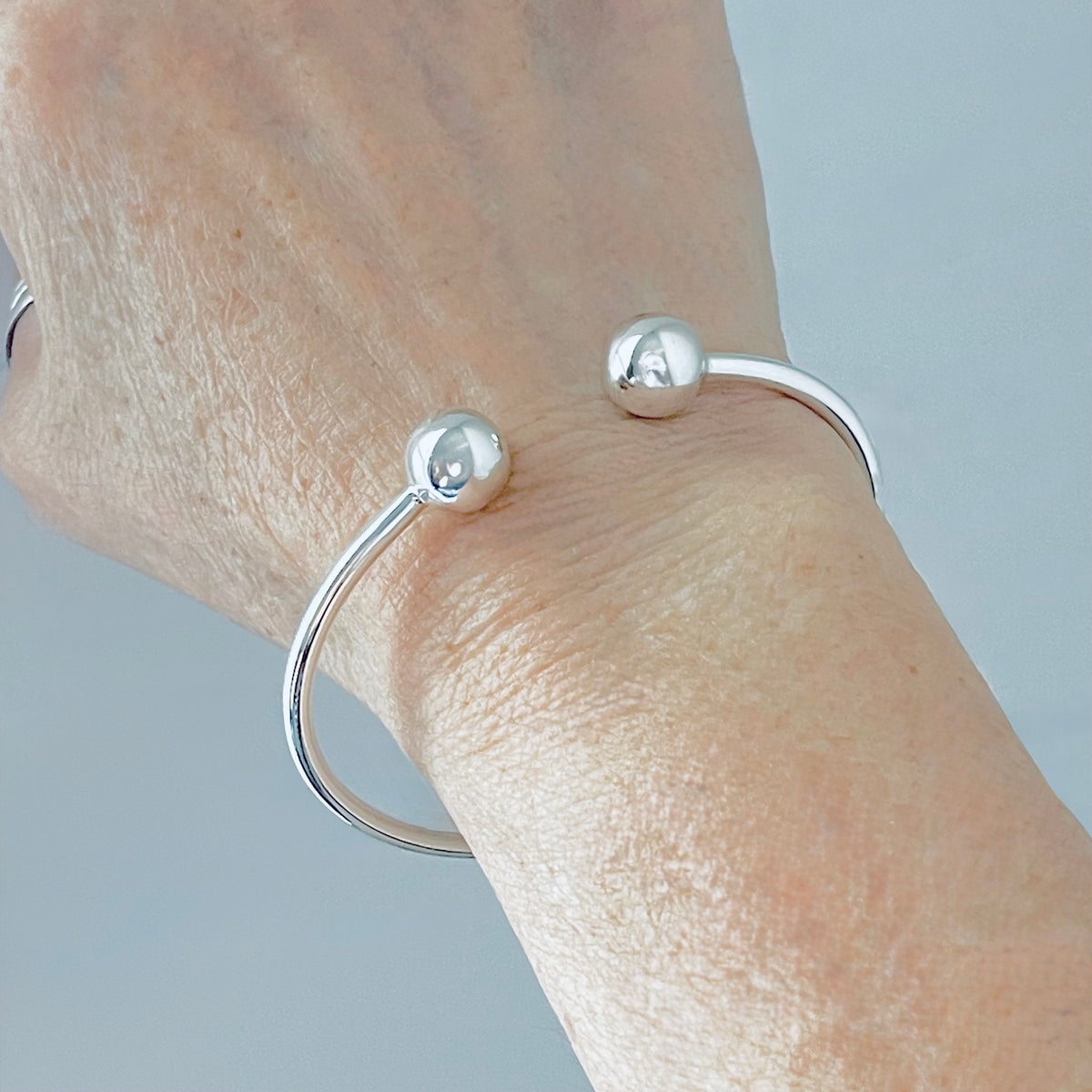 925 Sterling Silver High Polish Ball Cuff Bangle | Adjustable Silver Bracelet