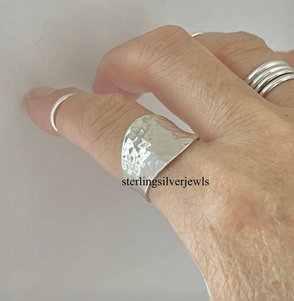 Sterling Silver Hammered Concave Ring, Boho Statement Silver Ring