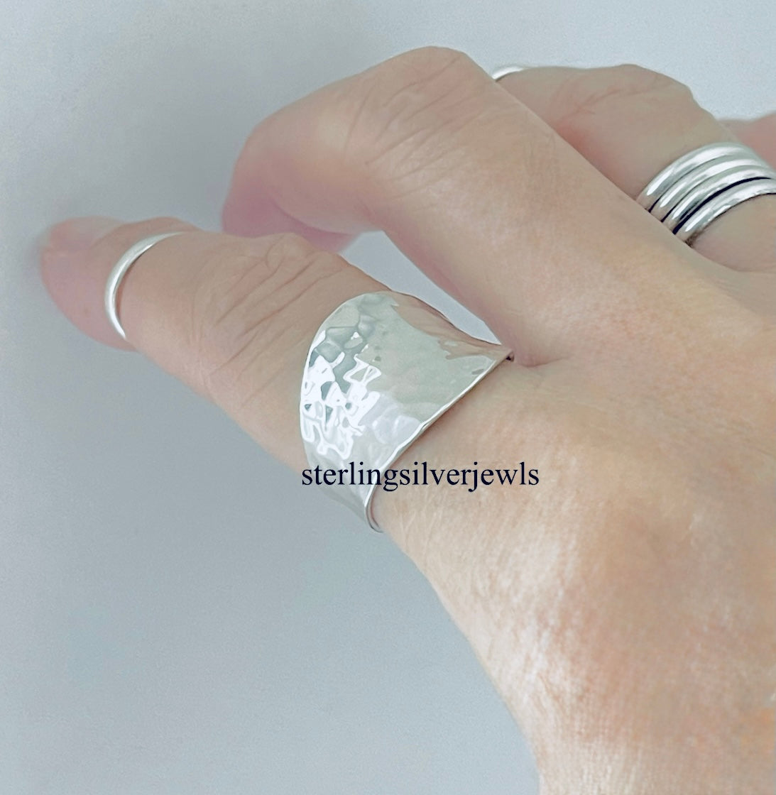 925 Sterling Silver Hammered Concave Ring | Statement Boho Wide Silver Rings