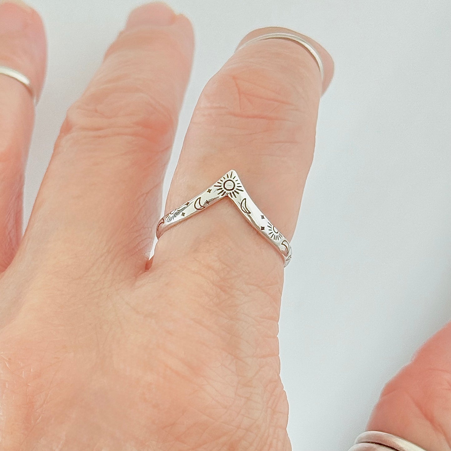 Sterling Silver Dainty Celestial V Shape Ring: Moon/Sun/Star Jewelry