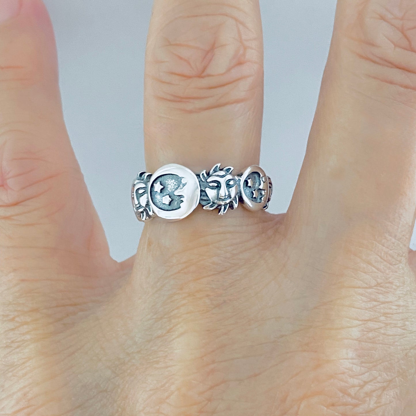 Sterling Silver Celestial Ring: Moon, Sun and Star Jewelry