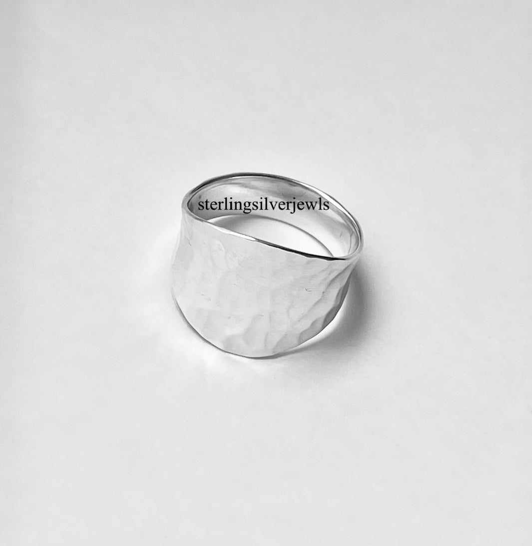 Sterling Silver Hammered Concave Ring, Boho Statement Silver Ring