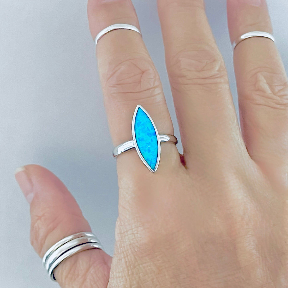 925 Sterling Silver Long Diamond Shape Blue Lab Opal Ring | October Birthstone Silver Rings