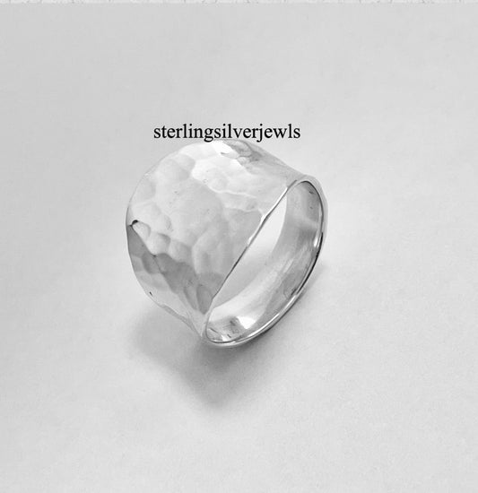 Sterling Silver Hammered Concave Ring, Boho Statement Jewelry, Silver Rings