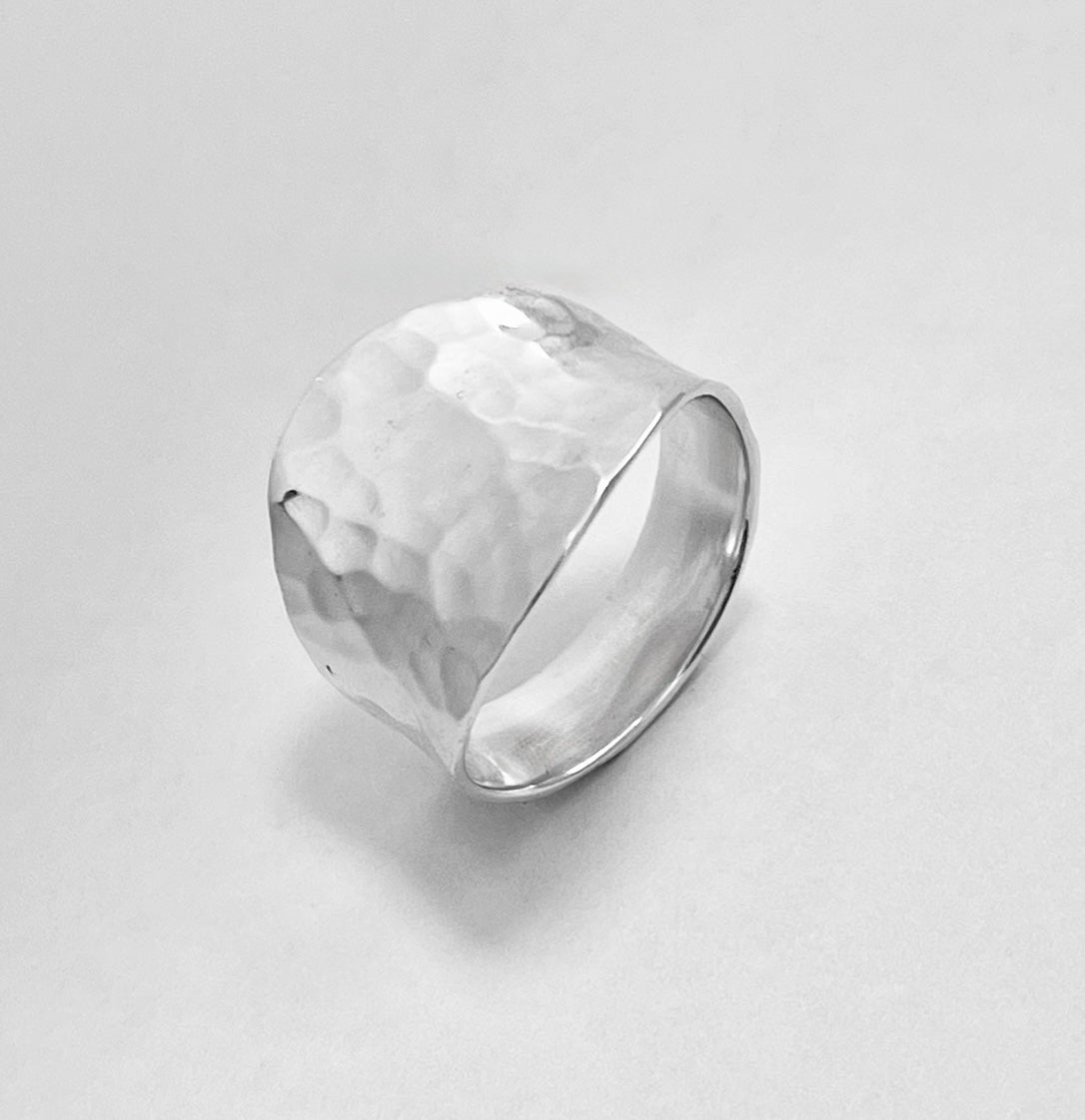 925 Sterling Silver Hammered Concave Ring | Statement Boho Wide Silver Rings