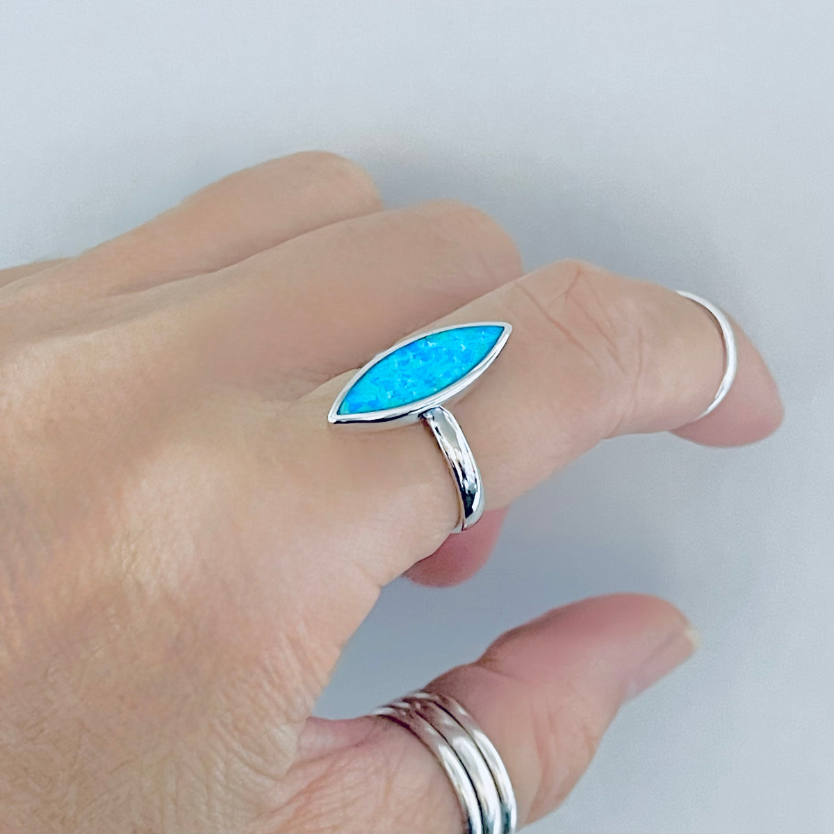 925 Sterling Silver Long Diamond Shape Blue Lab Opal Ring | October Birthstone Silver Rings