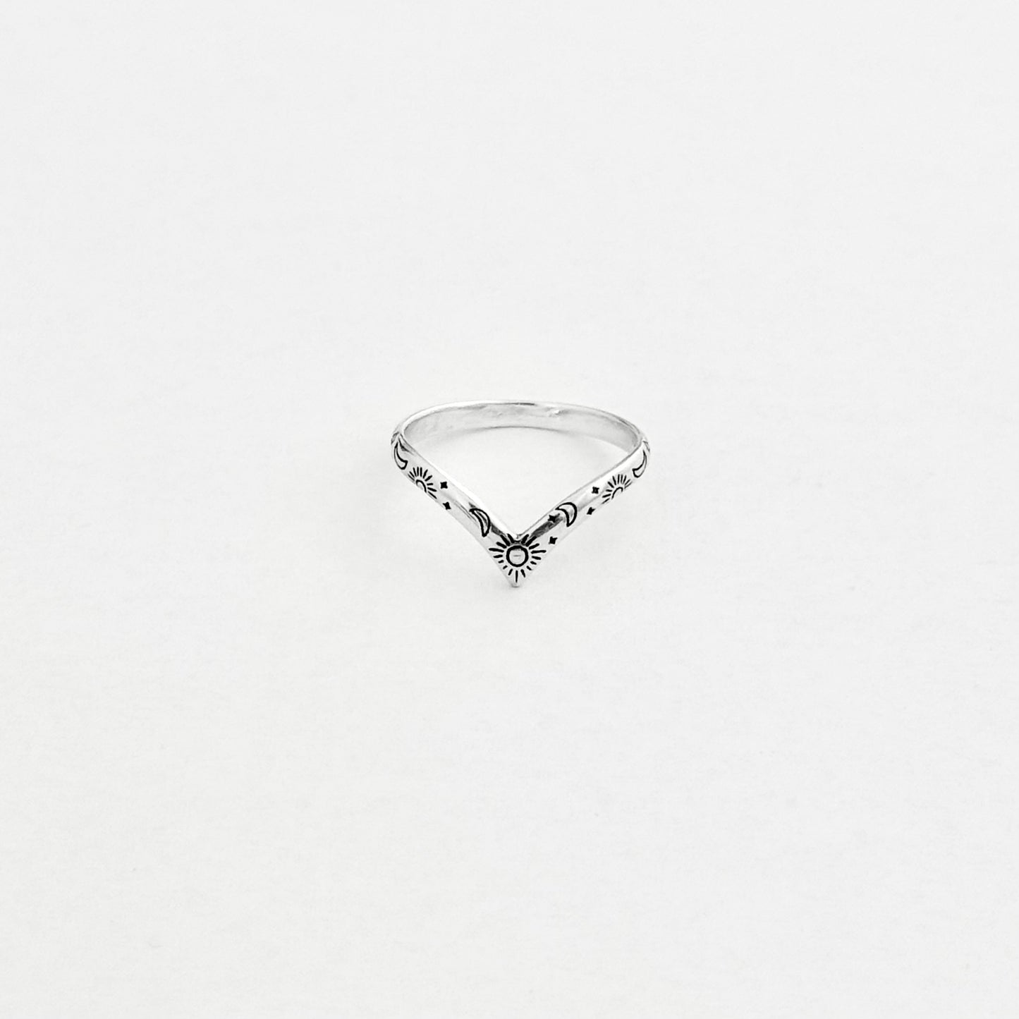 Sterling Silver Dainty Celestial V Shape Ring: Moon/Sun/Star Jewelry