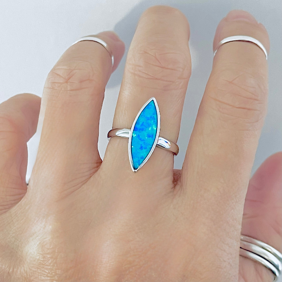 925 Sterling Silver Long Diamond Shape Blue Lab Opal Ring | October Birthstone Silver Rings