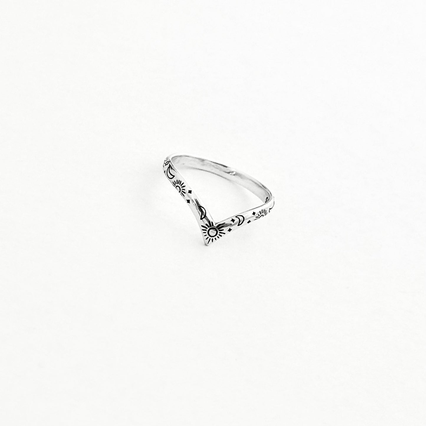 Sterling Silver Dainty Celestial V Shape Ring: Moon/Sun/Star Jewelry
