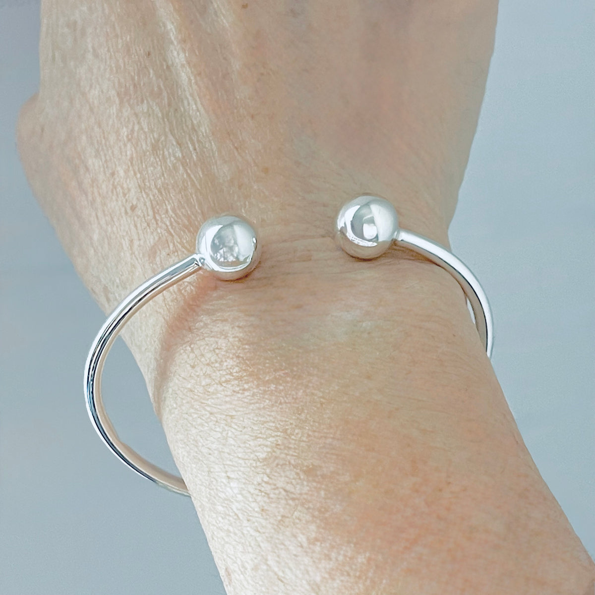925 Sterling Silver High Polish Ball Cuff Bangle | Adjustable Silver Bracelet