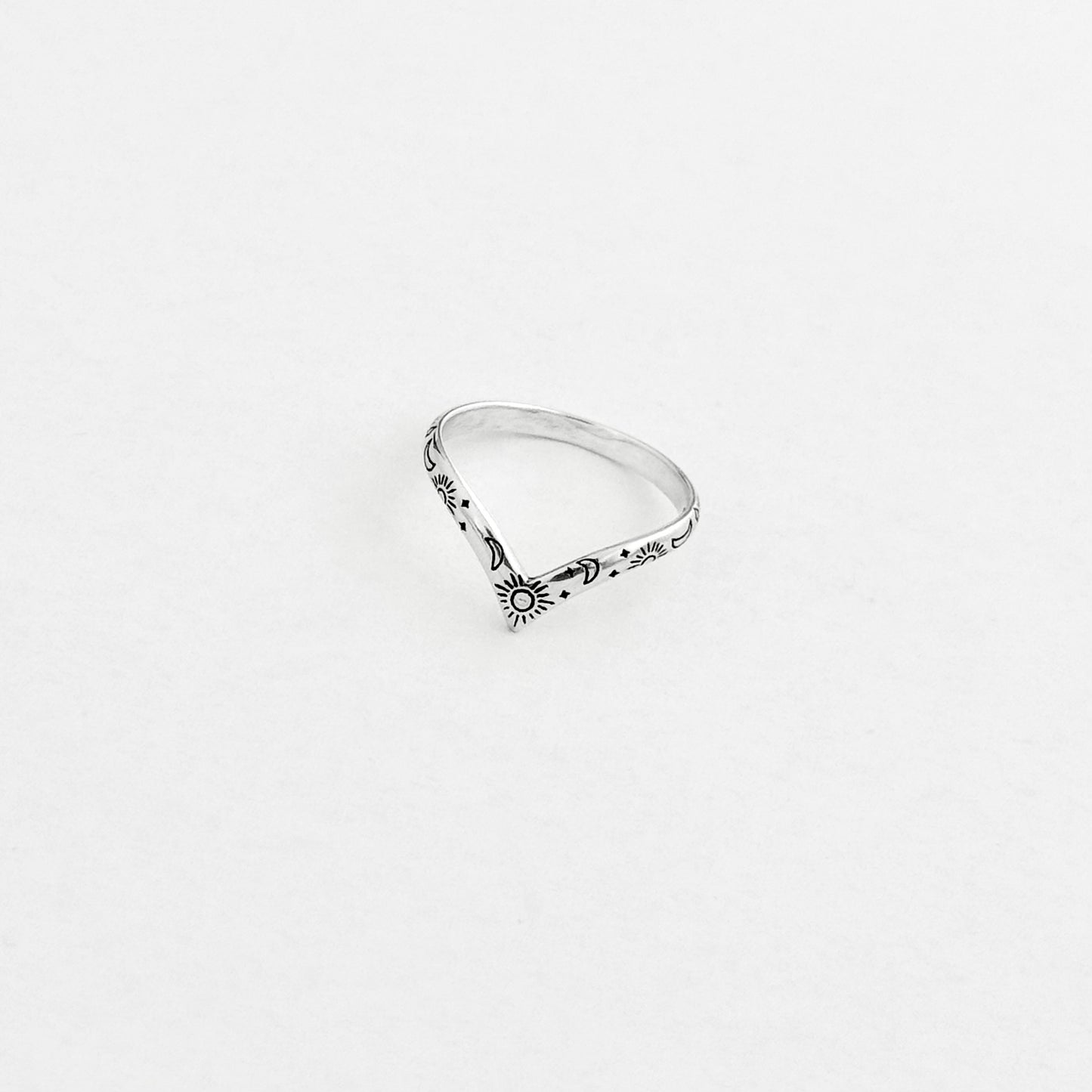 Sterling Silver Dainty Celestial V Shape Ring: Moon/Sun/Star Jewelry