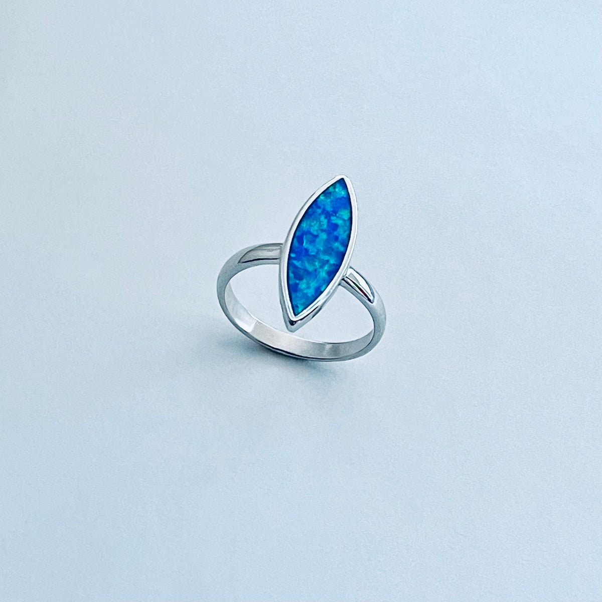 925 Sterling Silver Long Diamond Shape Blue Lab Opal Ring | October Birthstone Silver Rings