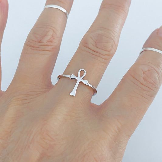 Sterling Silver Dainty Ankh Ring – Key of Life Cross Silver Rings
