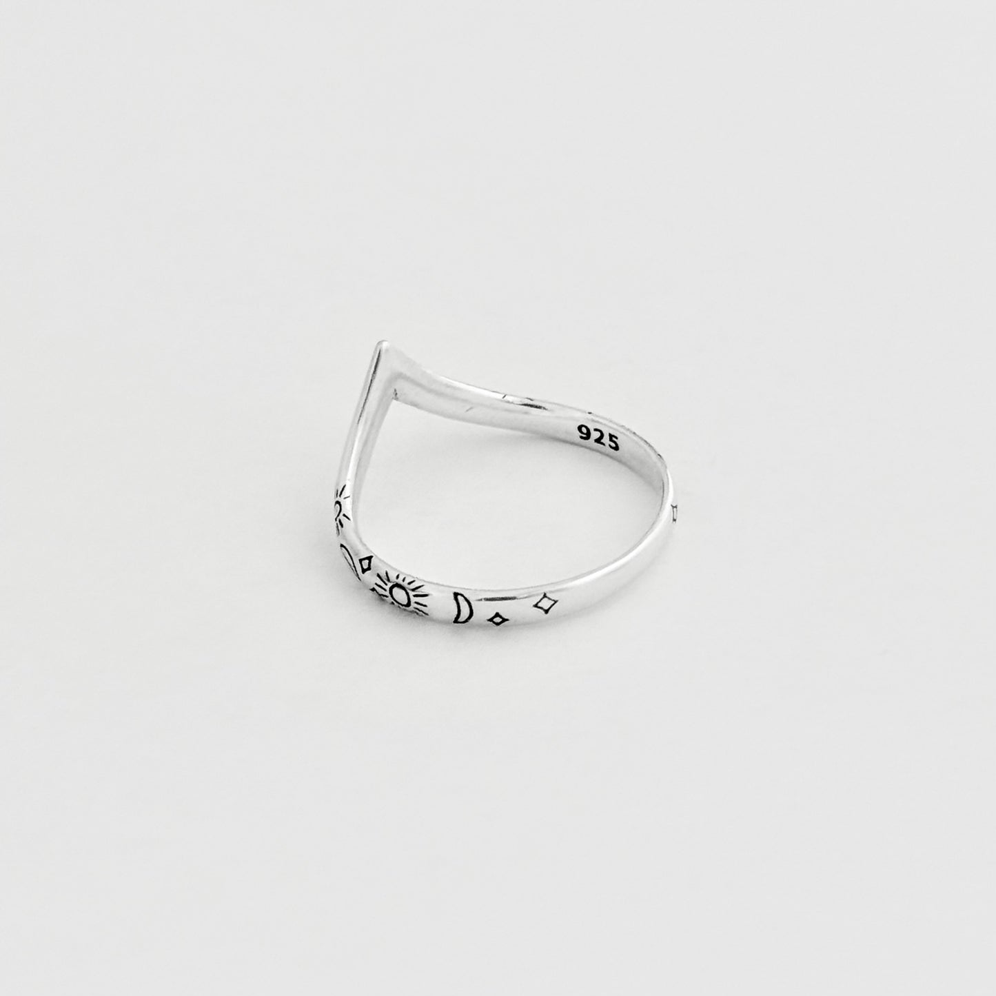 Sterling Silver Dainty Celestial V Shape Ring: Moon/Sun/Star Jewelry