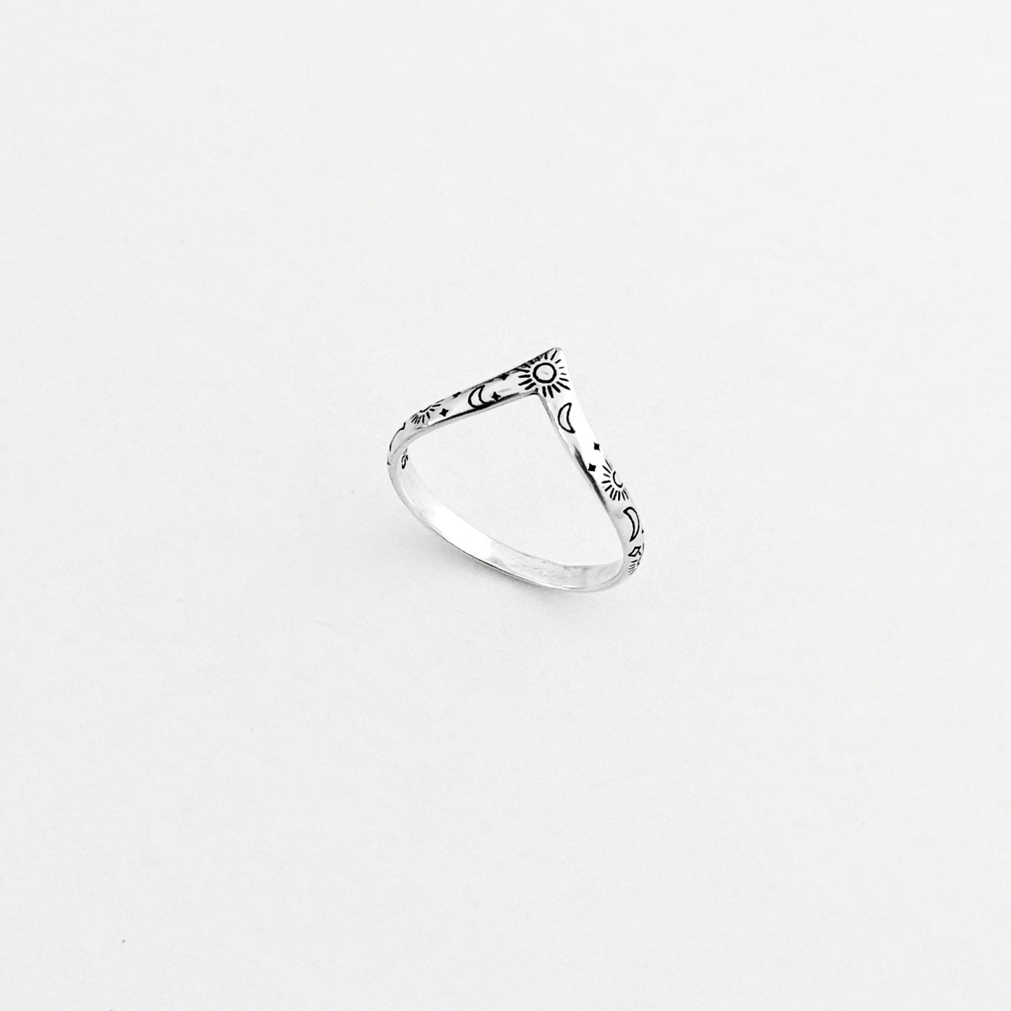 Sterling Silver Dainty Celestial V Shape Ring: Moon/Sun/Star Jewelry