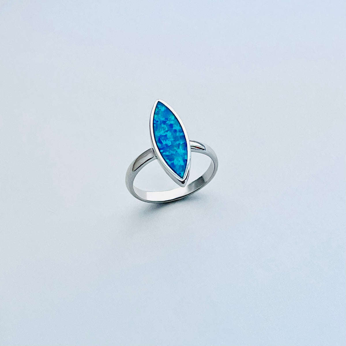 925 Sterling Silver Long Diamond Shape Blue Lab Opal Ring | October Birthstone Silver Rings