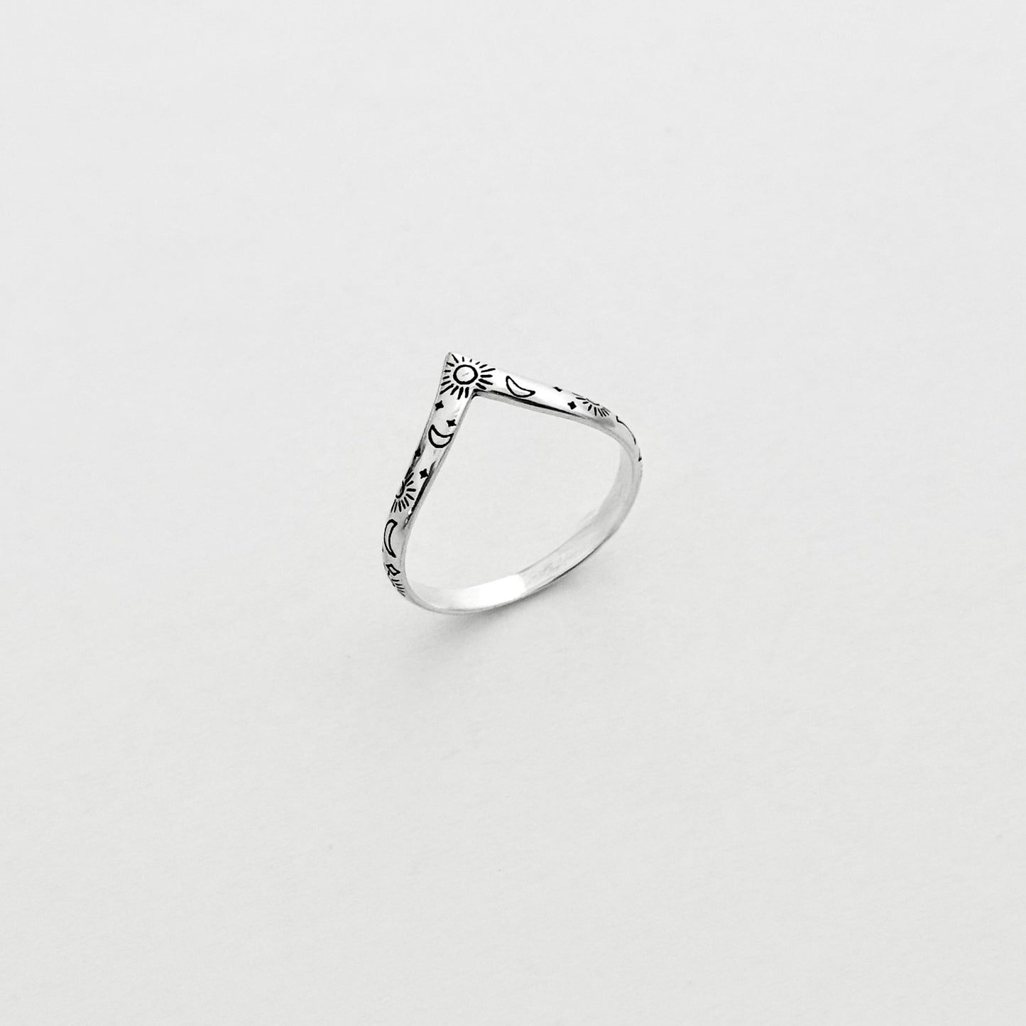 Sterling Silver Dainty Celestial V Shape Ring: Moon/Sun/Star Jewelry
