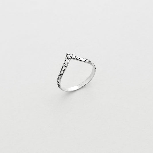 Sterling Silver Dainty Celestial V Shape Ring: Moon/Sun/Star Jewelry