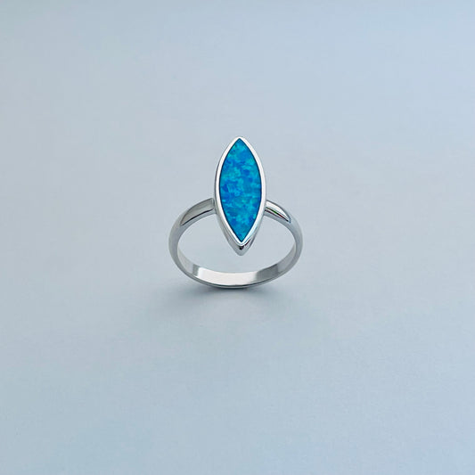 Sterling Silver Long Diamond Shape Blue Lab Opal Ring | October Birthstone Jewelry