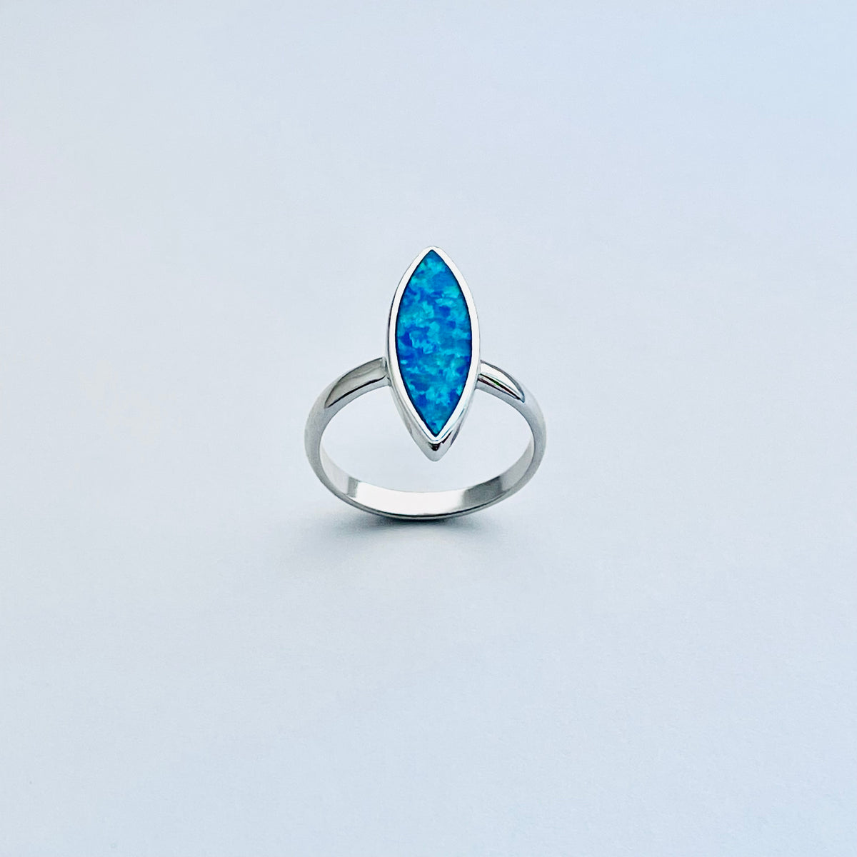 925 Sterling Silver Long Diamond Shape Blue Lab Opal Ring | October Birthstone Silver Rings