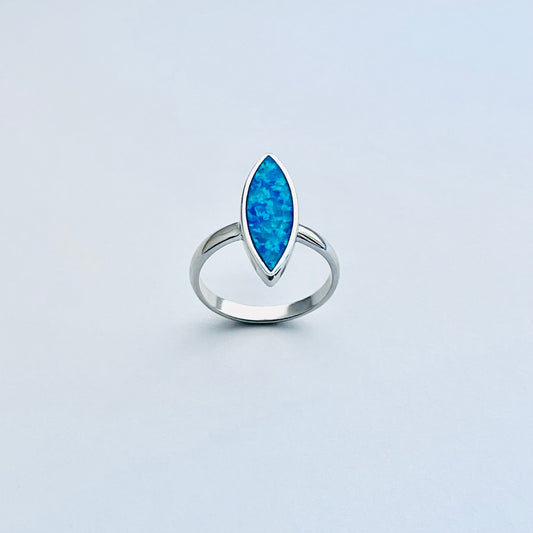 925 Sterling Silver Long Diamond Shape Blue Lab Opal Ring | October Birthstone Silver Rings
