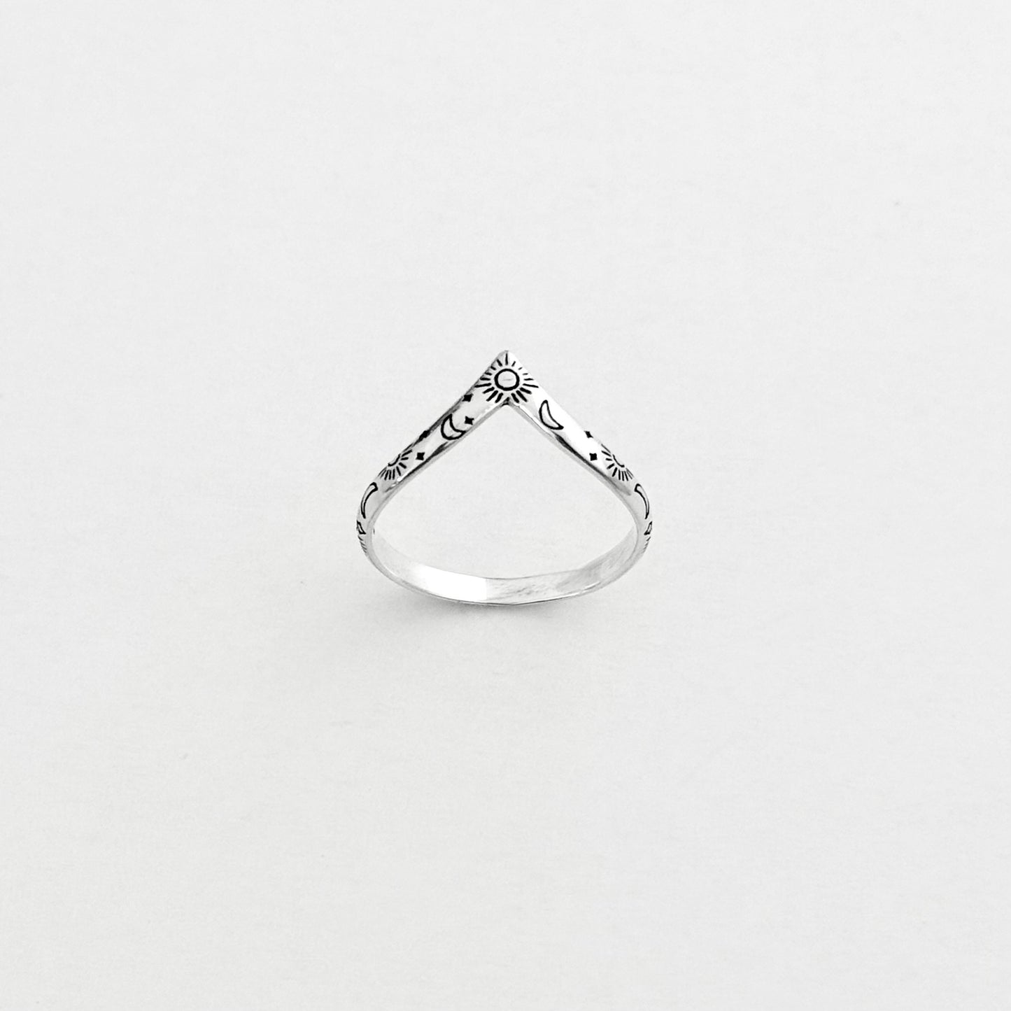 Sterling Silver Dainty Celestial V Shape Ring: Moon/Sun/Star Jewelry