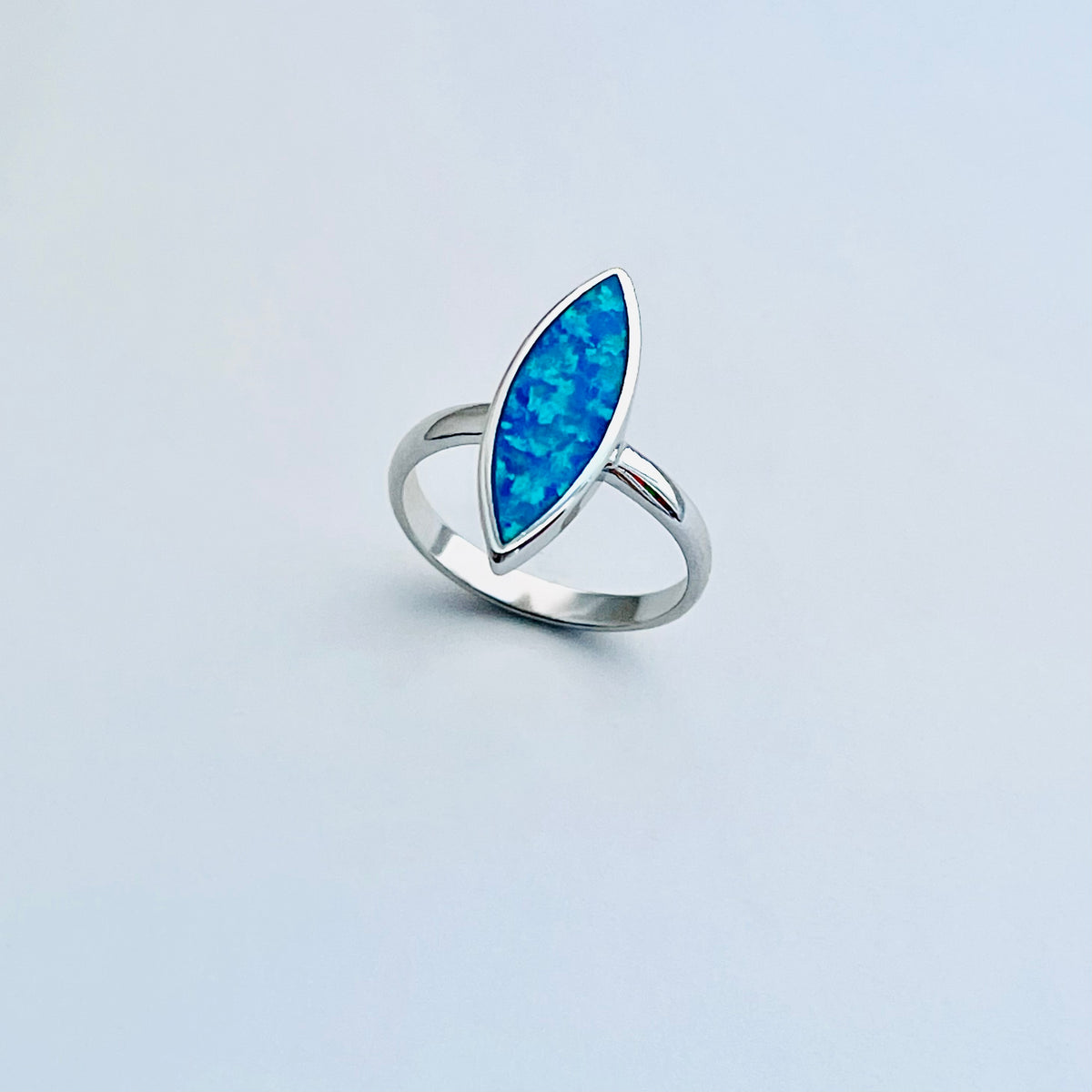 925 Sterling Silver Long Diamond Shape Blue Lab Opal Ring | October Birthstone Silver Rings