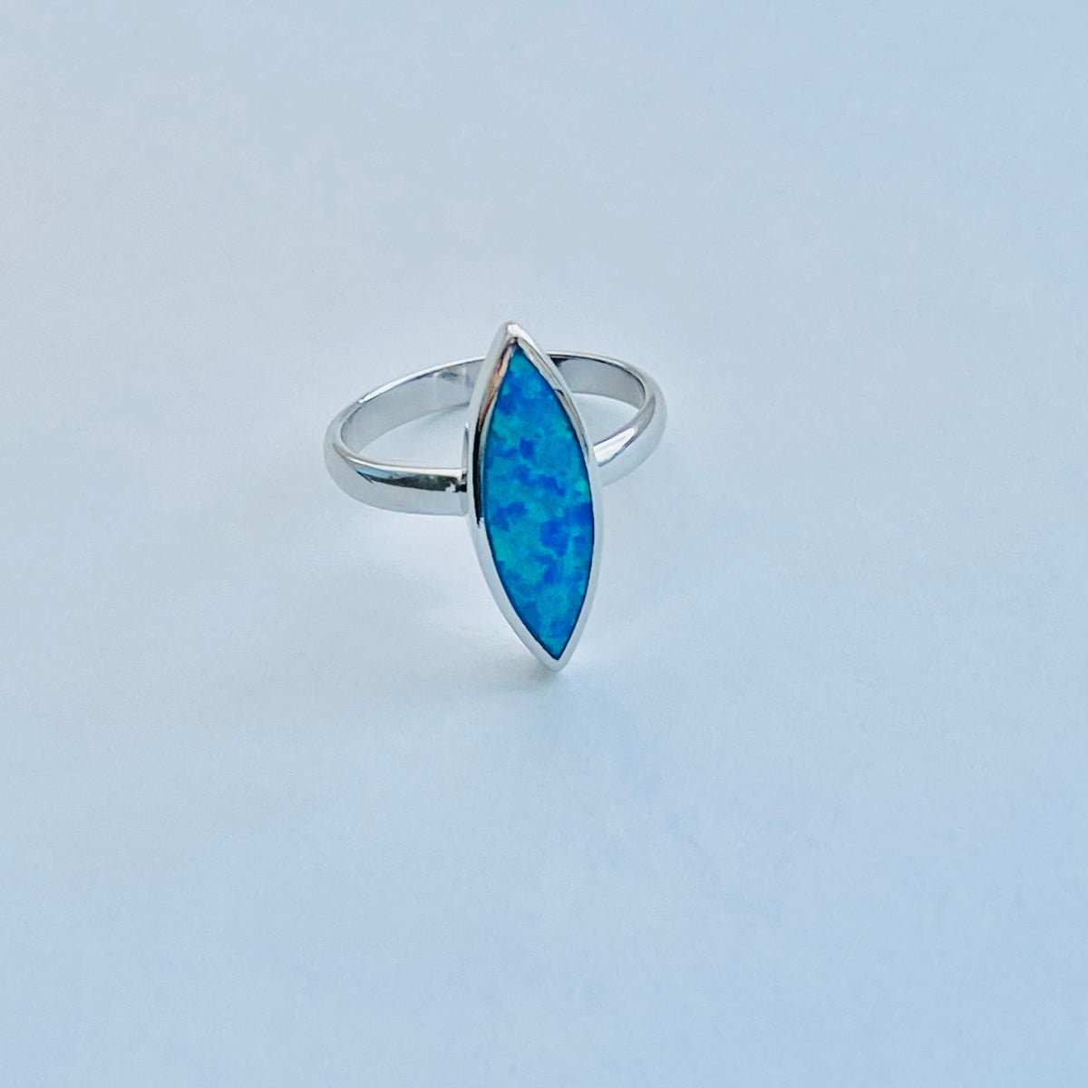 925 Sterling Silver Long Diamond Shape Blue Lab Opal Ring | October Birthstone Silver Rings