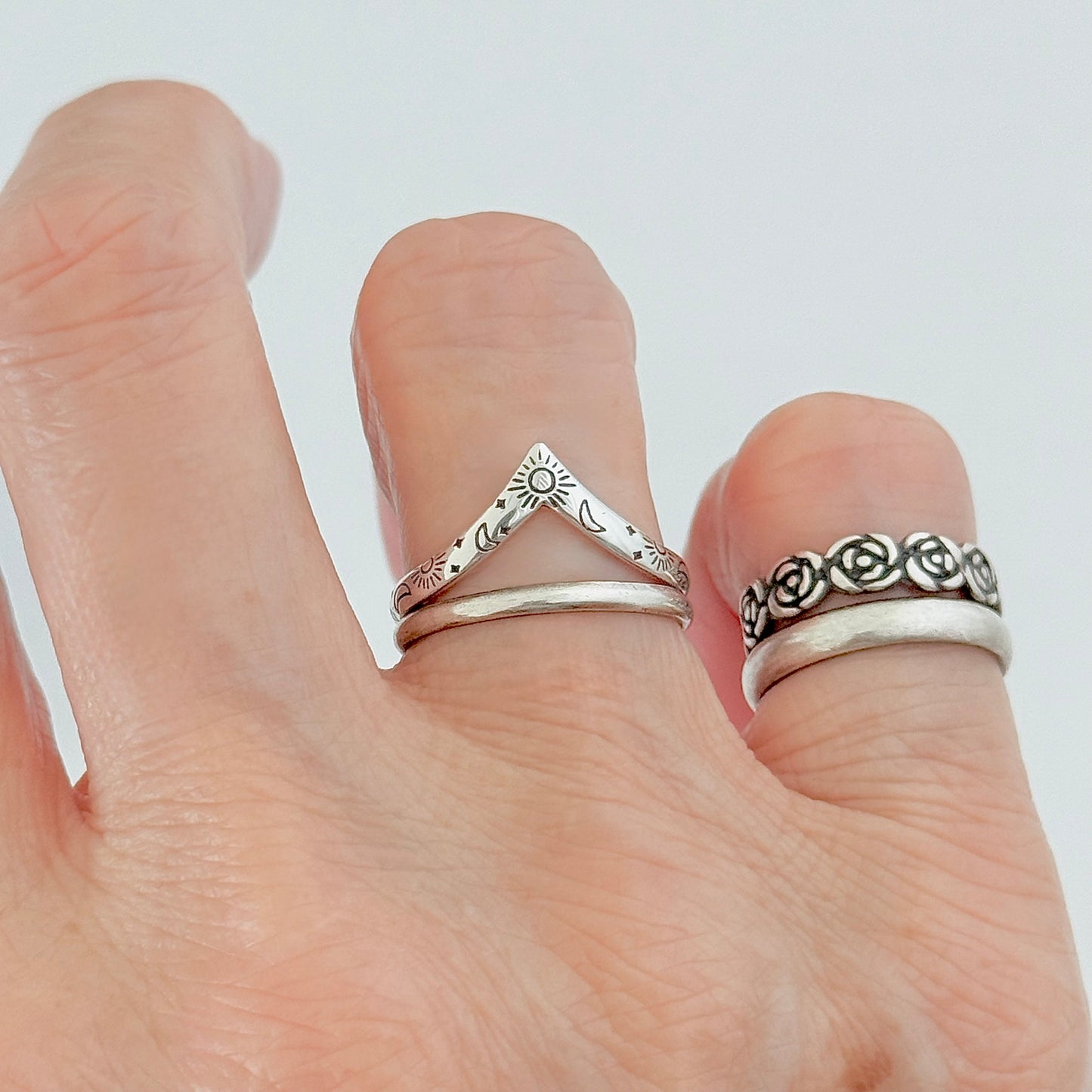 Sterling Silver Dainty Celestial V Shape Ring: Moon/Sun/Star Jewelry