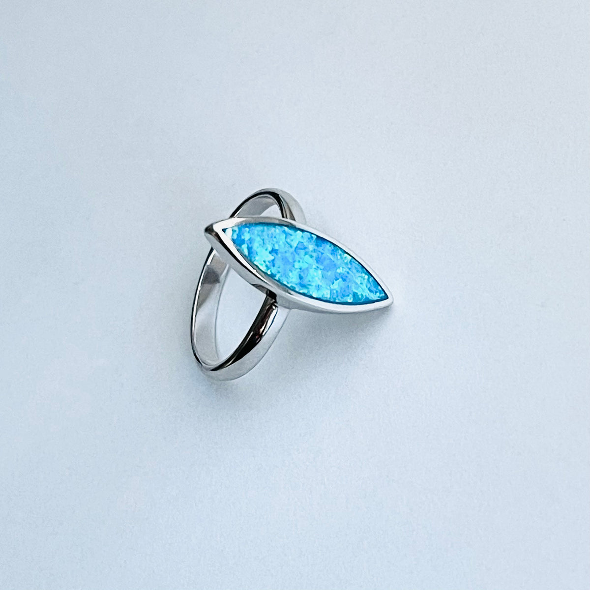 925 Sterling Silver Long Diamond Shape Blue Lab Opal Ring | October Birthstone Silver Rings
