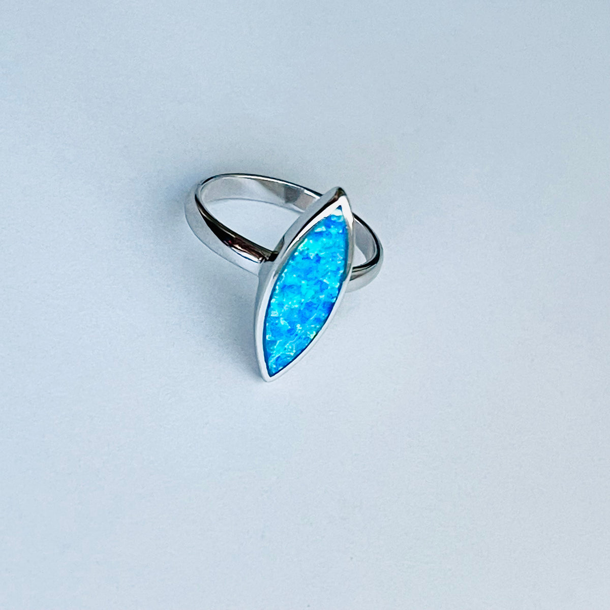 925 Sterling Silver Long Diamond Shape Blue Lab Opal Ring | October Birthstone Silver Rings