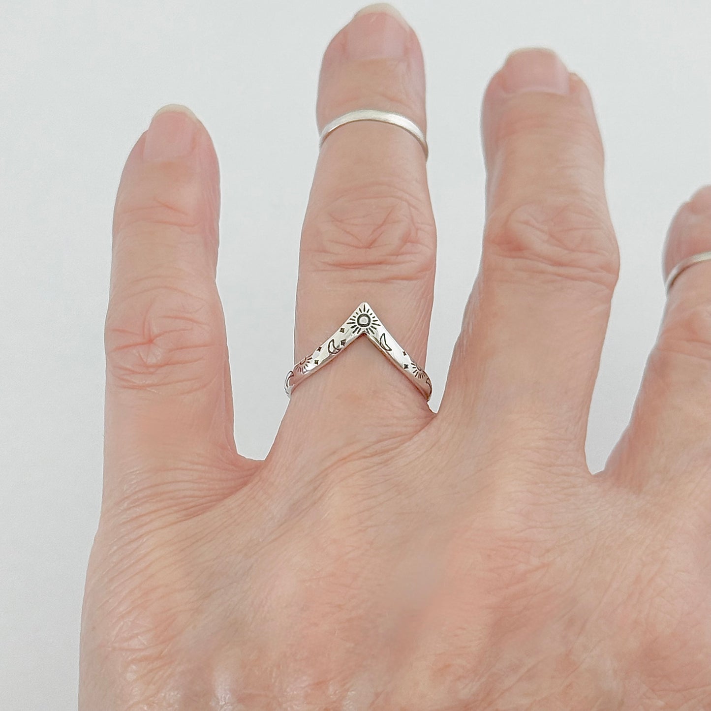 Sterling Silver Dainty Celestial V Shape Ring: Moon/Sun/Star Jewelry