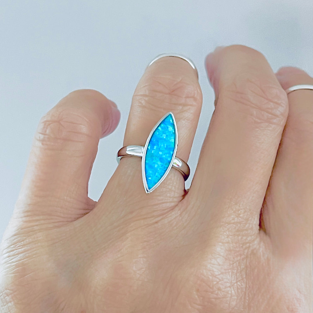925 Sterling Silver Long Diamond Shape Blue Lab Opal Ring | October Birthstone Silver Rings