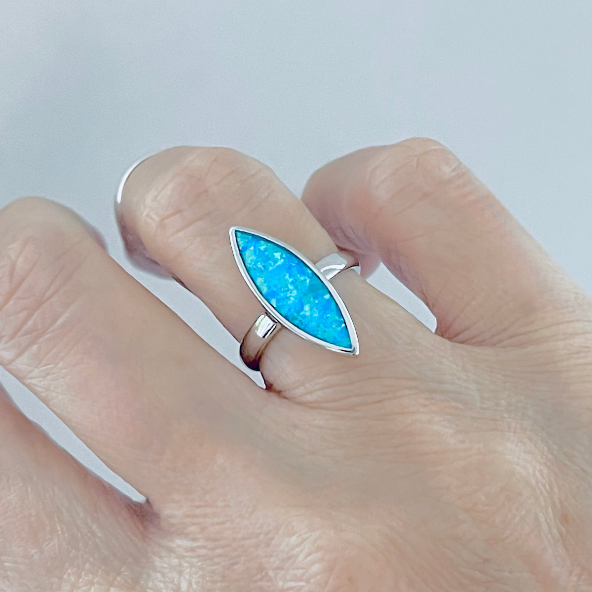 925 Sterling Silver Long Diamond Shape Blue Lab Opal Ring | October Birthstone Silver Rings