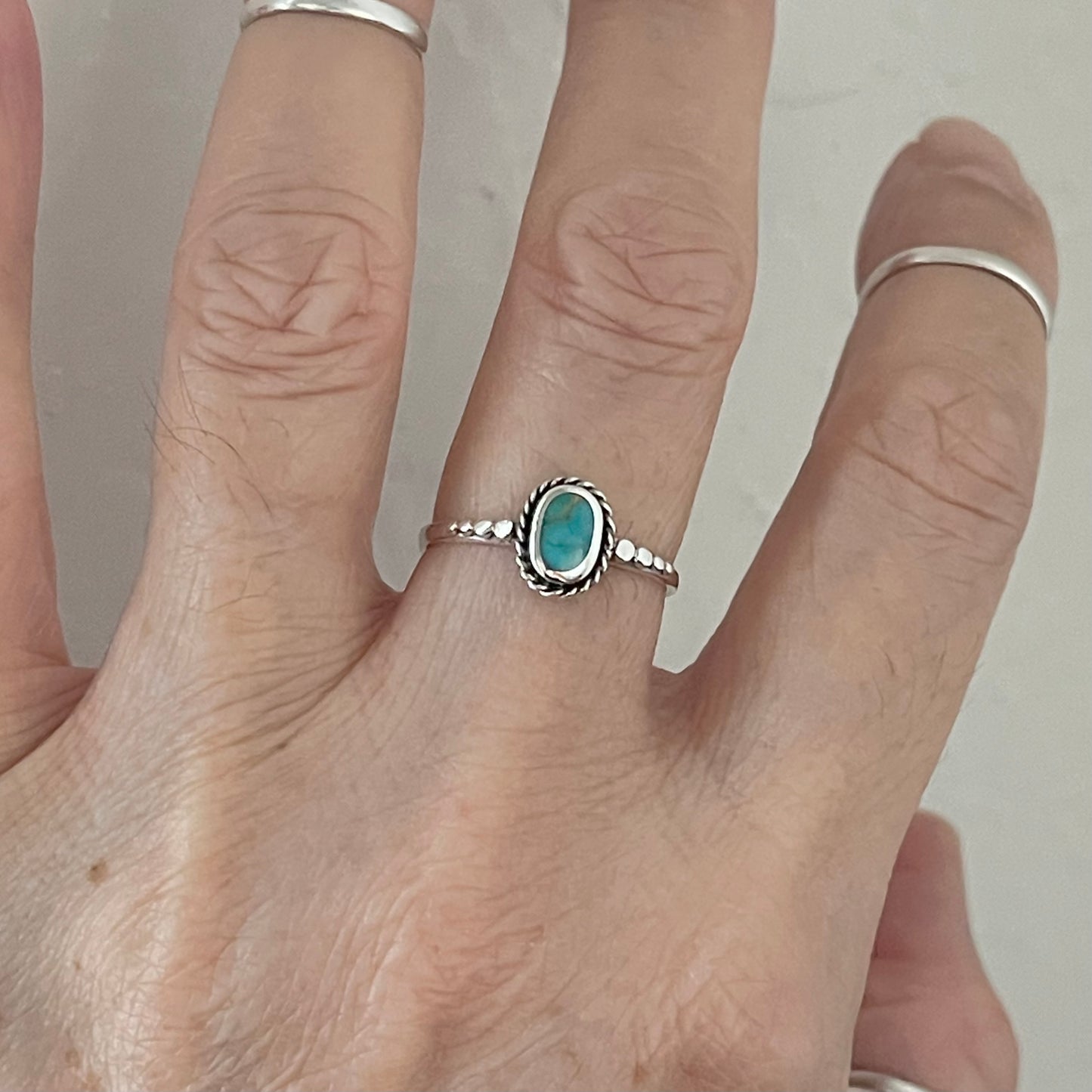 Sterling Silver Minimalist Braid Oval Genuine Turquoise Ring with Dots, Silver Rings, Stone Ring