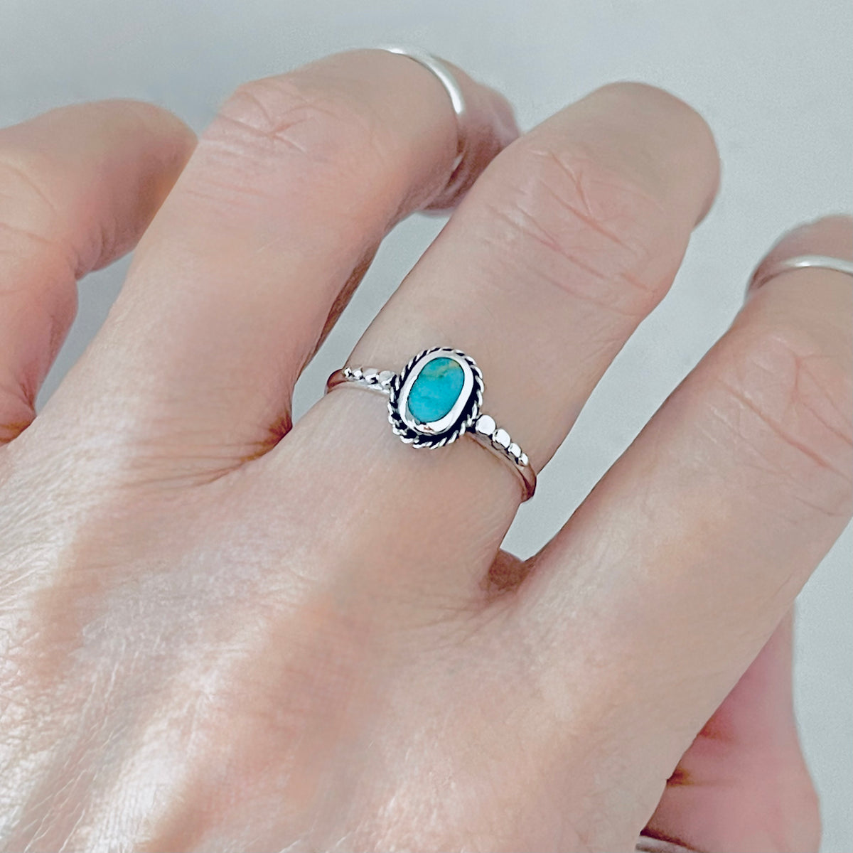 925 Sterling Silver Oval Genuine Turquoise Ring with Braid & Dots | Minimalist Stone Silver Rings