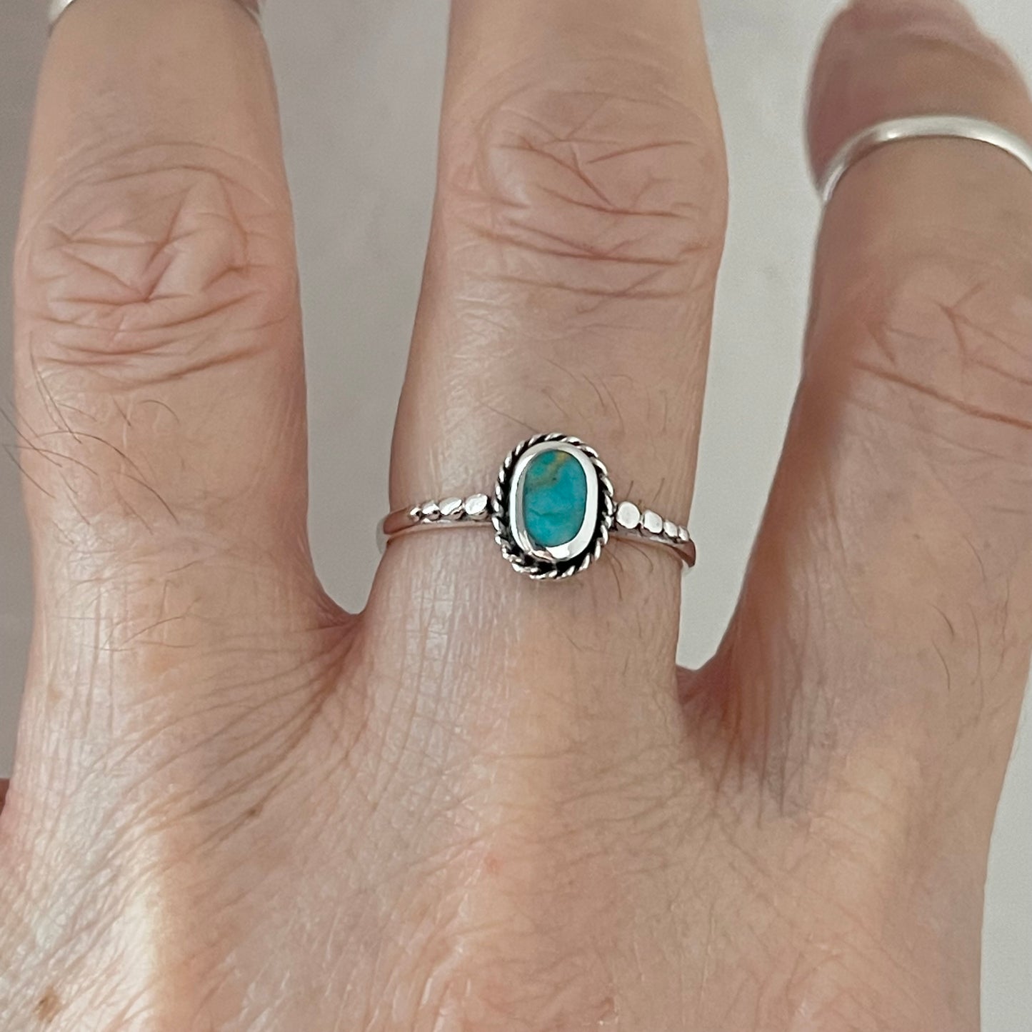 Sterling Silver Minimalist Braid Oval Genuine Turquoise Ring with Dots, Silver Rings, Stone Ring