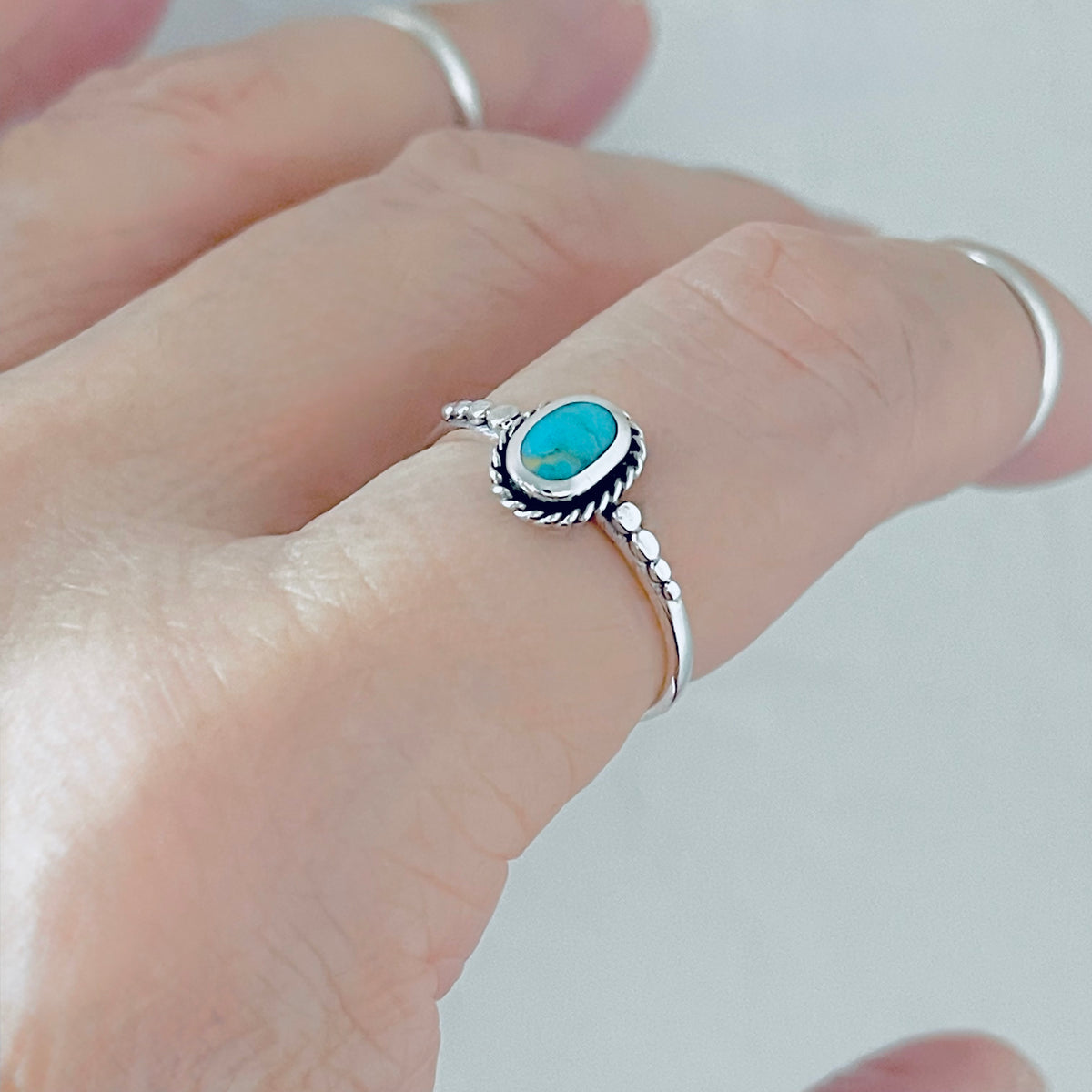 925 Sterling Silver Oval Genuine Turquoise Ring with Braid & Dots | Minimalist Stone Silver Rings