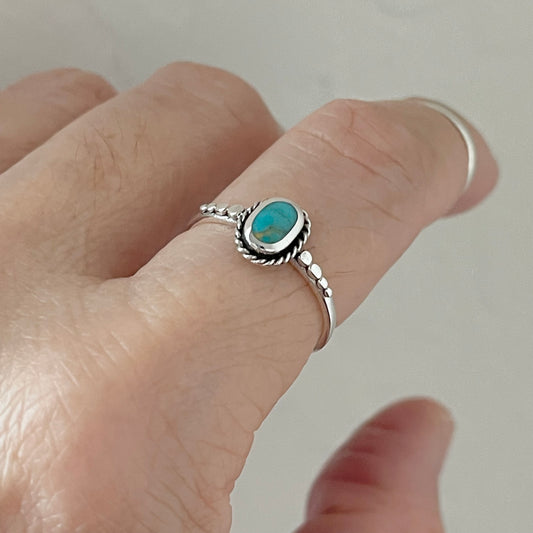 Sterling Silver Minimalist Braid Oval Genuine Turquoise Ring with Dots, Silver Rings, Stone Ring