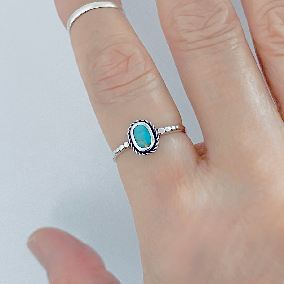 925 Sterling Silver Oval Genuine Turquoise Ring with Braid & Dots | Minimalist Stone Silver Rings