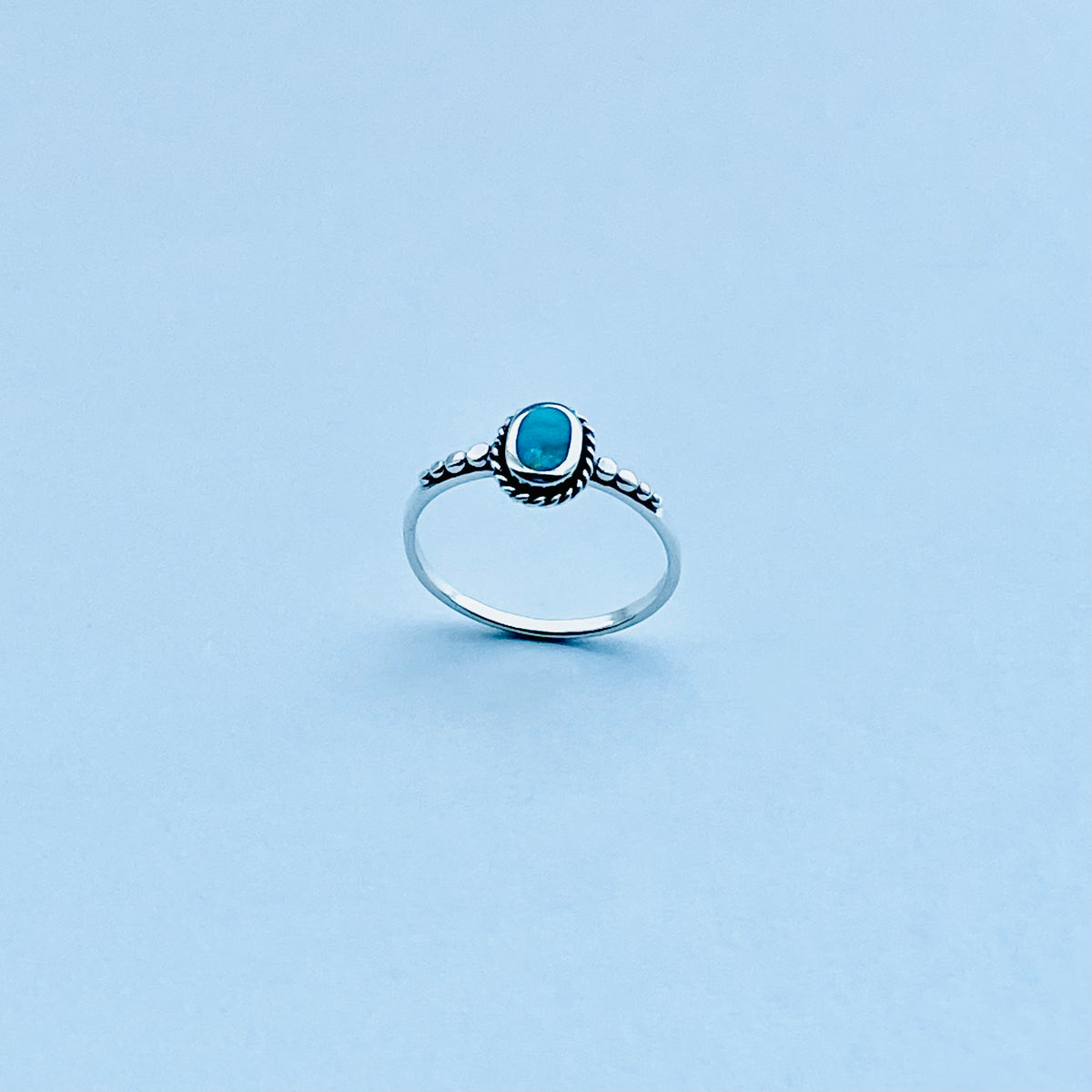 925 Sterling Silver Oval Genuine Turquoise Ring with Braid & Dots | Minimalist Stone Silver Rings