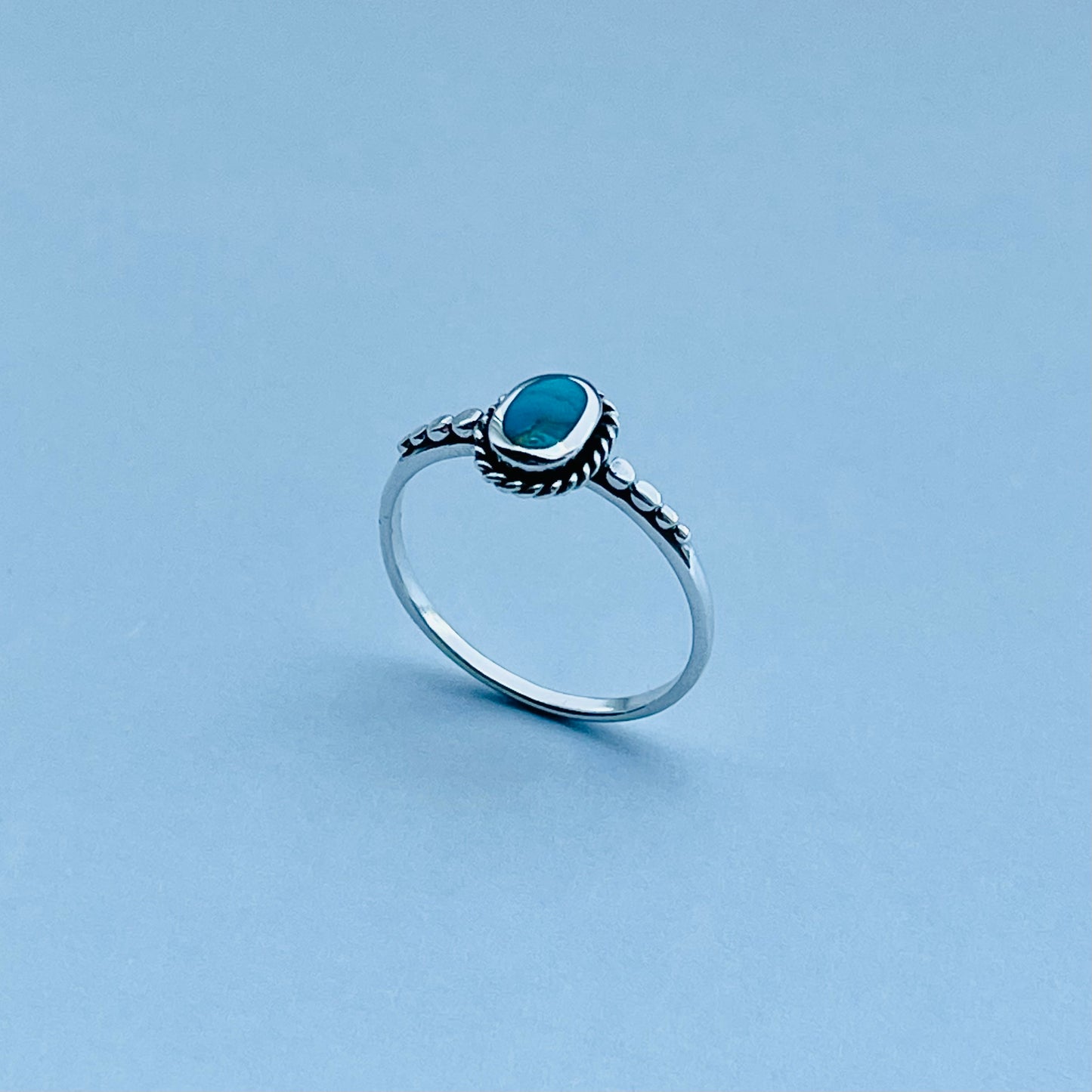 Sterling Silver Minimalist Braid Oval Genuine Turquoise Ring with Dots, Silver Rings, Stone Ring