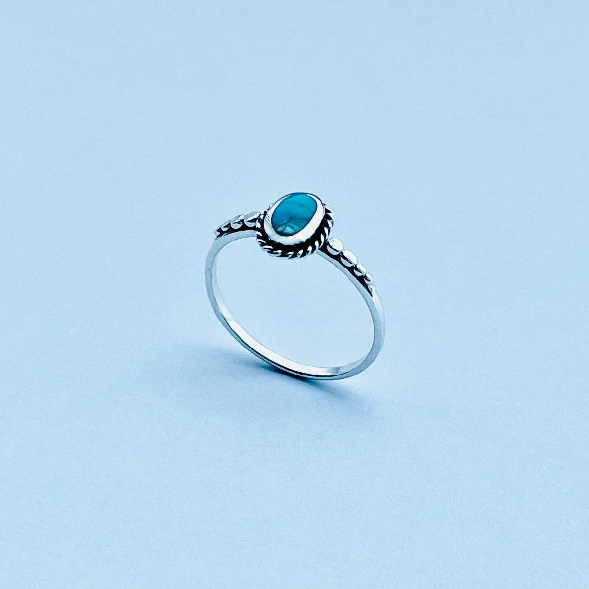 925 Sterling Silver Oval Genuine Turquoise Ring with Braid & Dots | Minimalist Stone Silver Rings