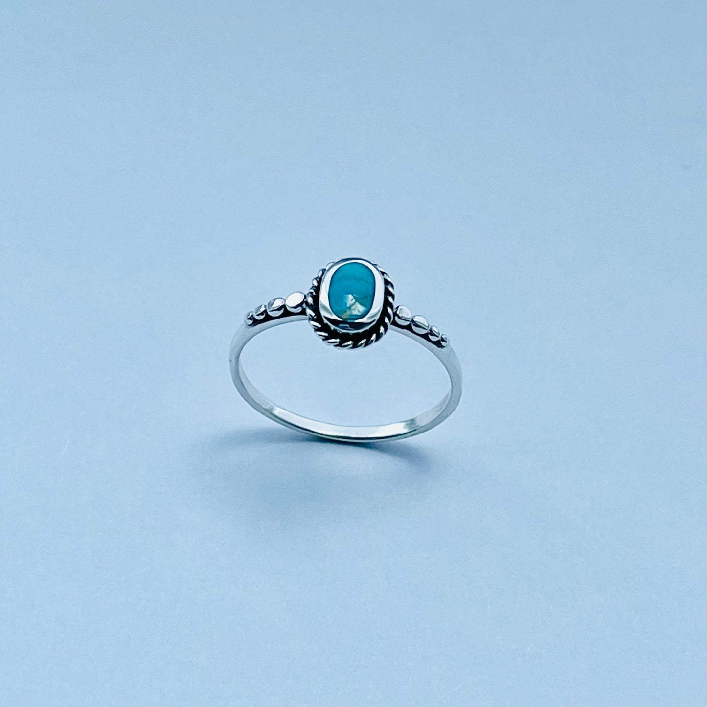 Sterling Silver Minimalist Braid Oval Genuine Turquoise Ring with Dots, Silver Rings, Stone Ring