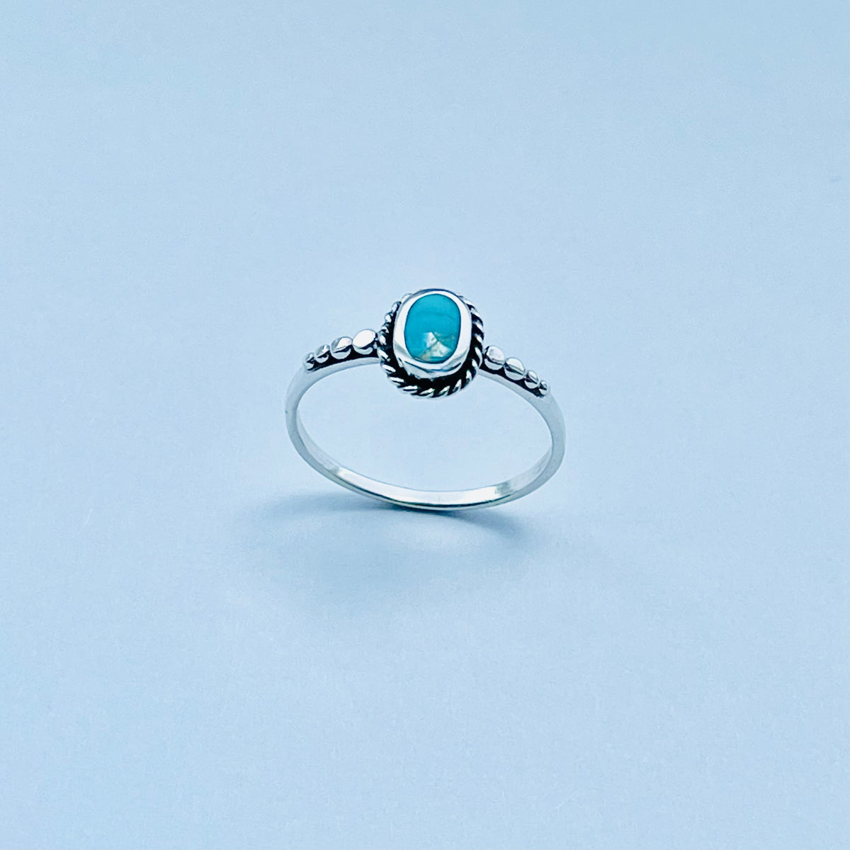 925 Sterling Silver Oval Genuine Turquoise Ring with Braid & Dots | Minimalist Stone Silver Rings
