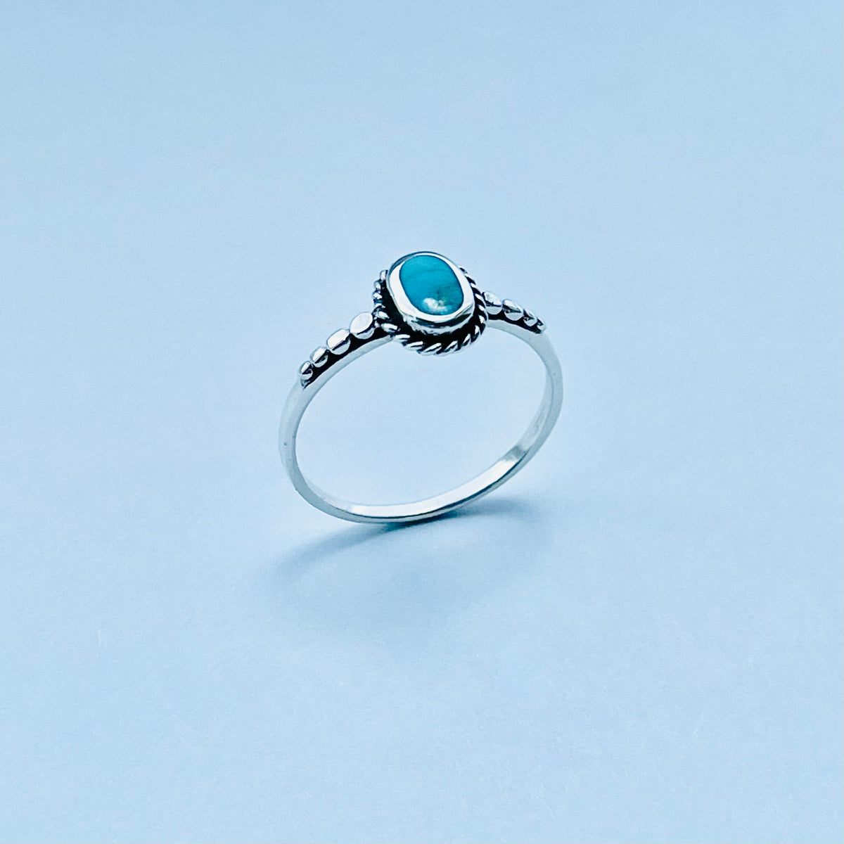 925 Sterling Silver Oval Genuine Turquoise Ring with Braid & Dots | Minimalist Stone Silver Rings